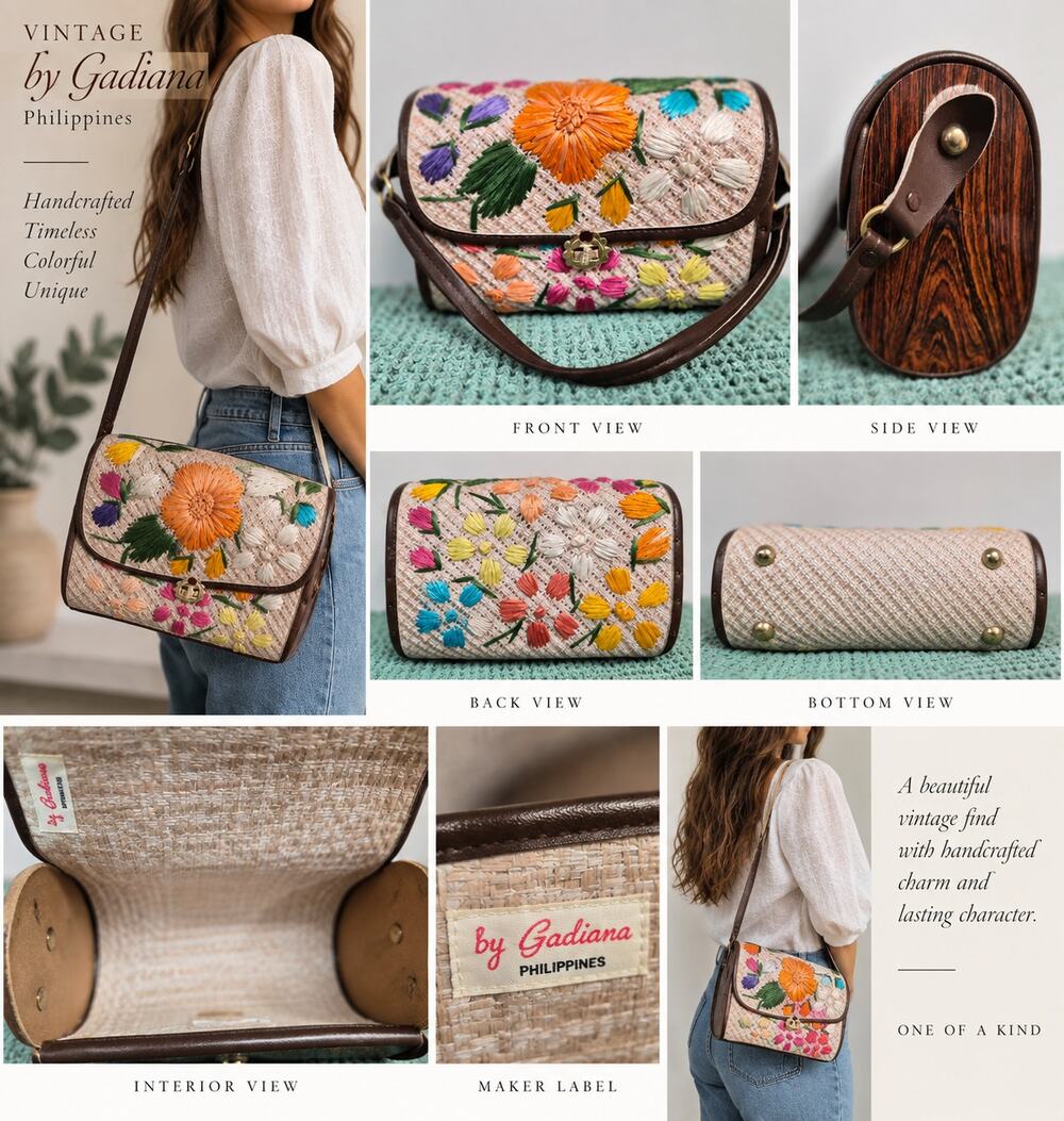 Vintage 1960s Cabana Raffia Floral Wood Shoulder Bag